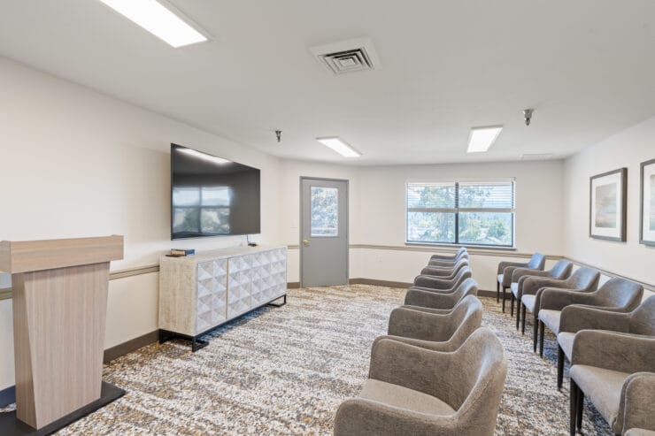 Interior view of a common area with seating.