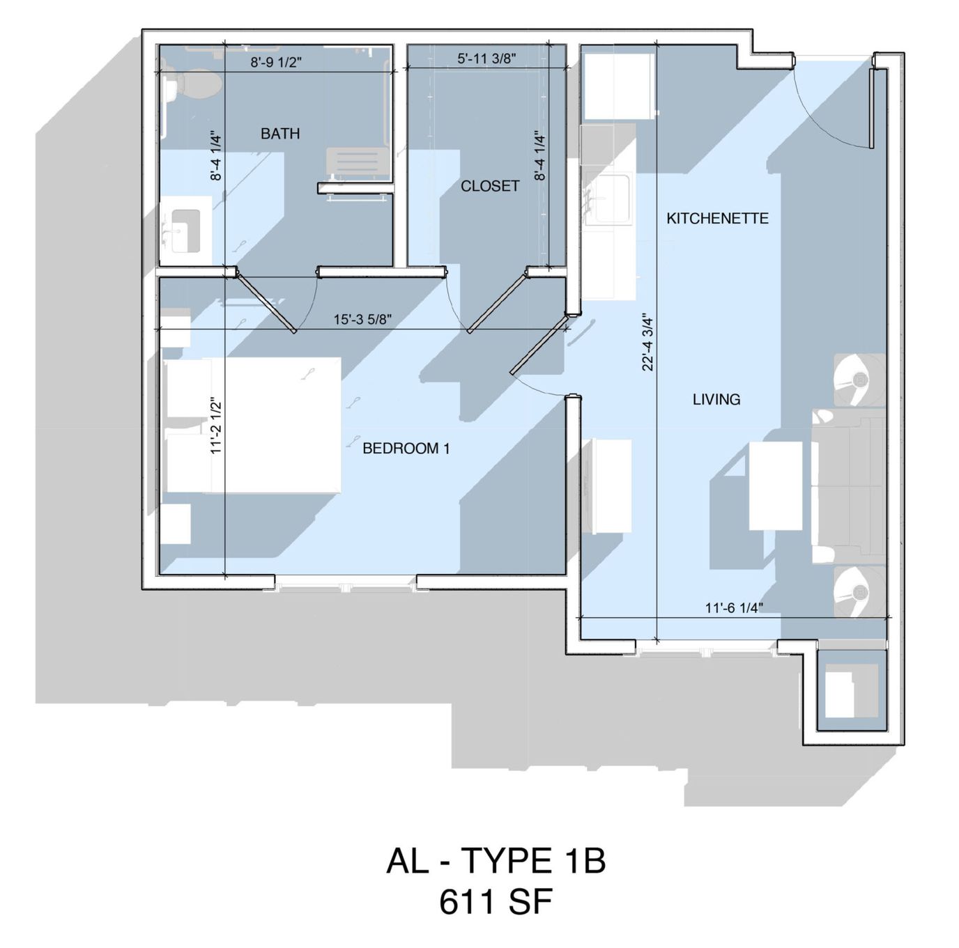 Architectural floor plan of a one-bedroom unit