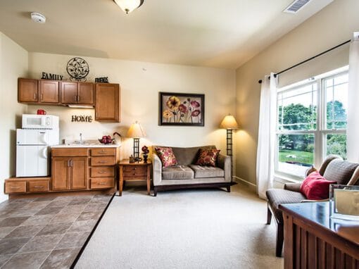 Cozy interior of a resident room with kitchenette