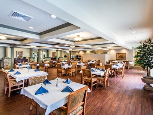 Dining area with neatly arranged tables and chairs