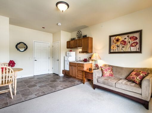 Cozy private resident room with kitchenette and seating area