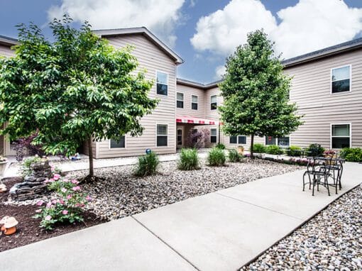 Outdoor courtyard with trees and seating area
