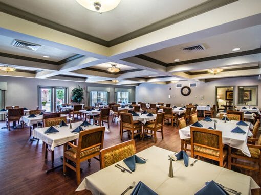 Dining room with neatly arranged tables and chairs