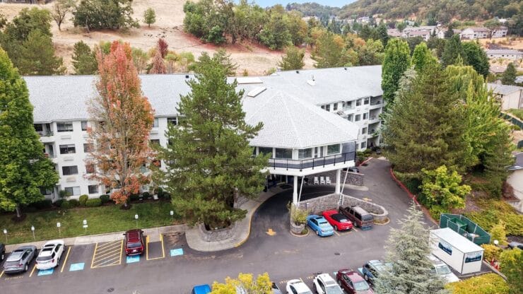 Aerial view of the assisted living facility with outdoor spaces
