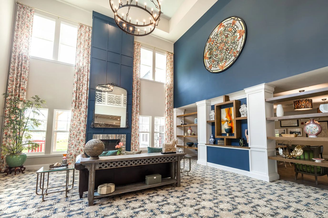 Bright interior lobby area with decorative accents