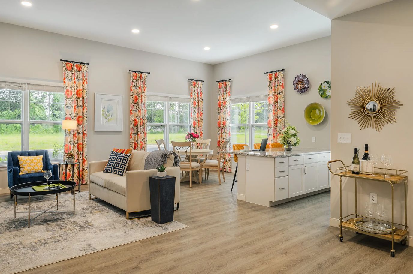 Interior view of a stylish living space with floral accents