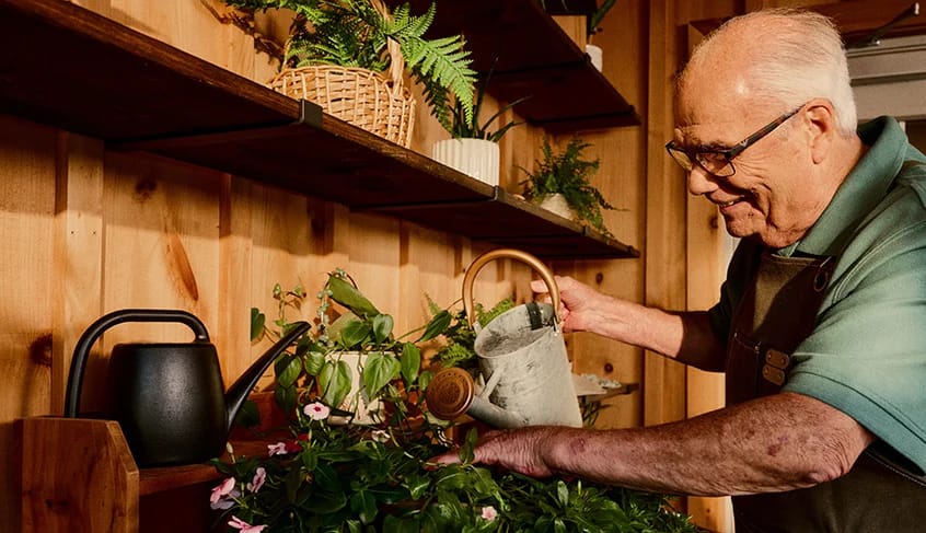Elderly man watering plants indoors