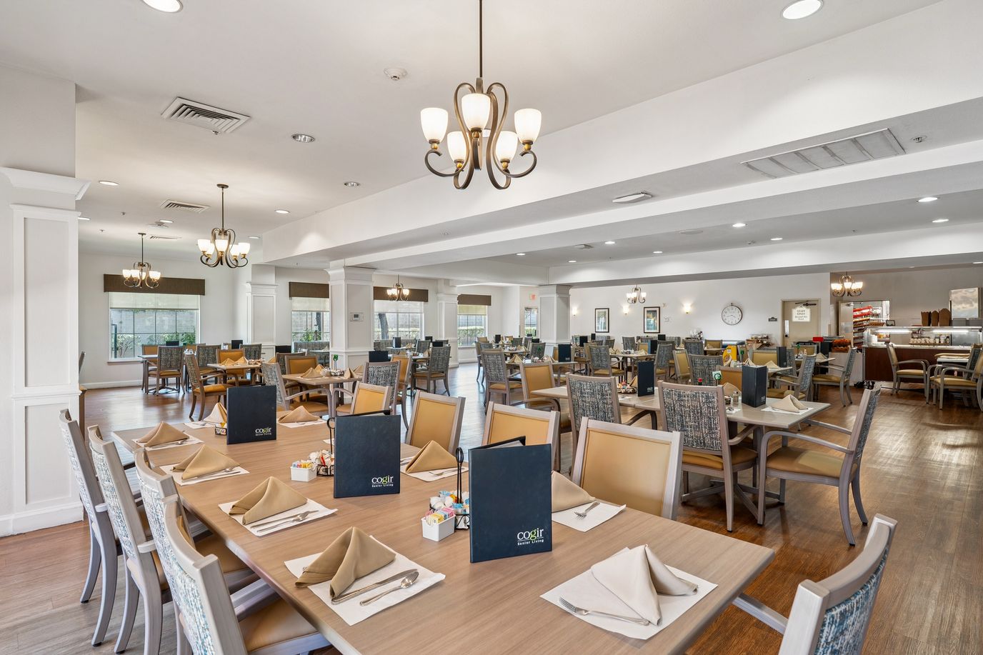 Dining room setup with tables and menus