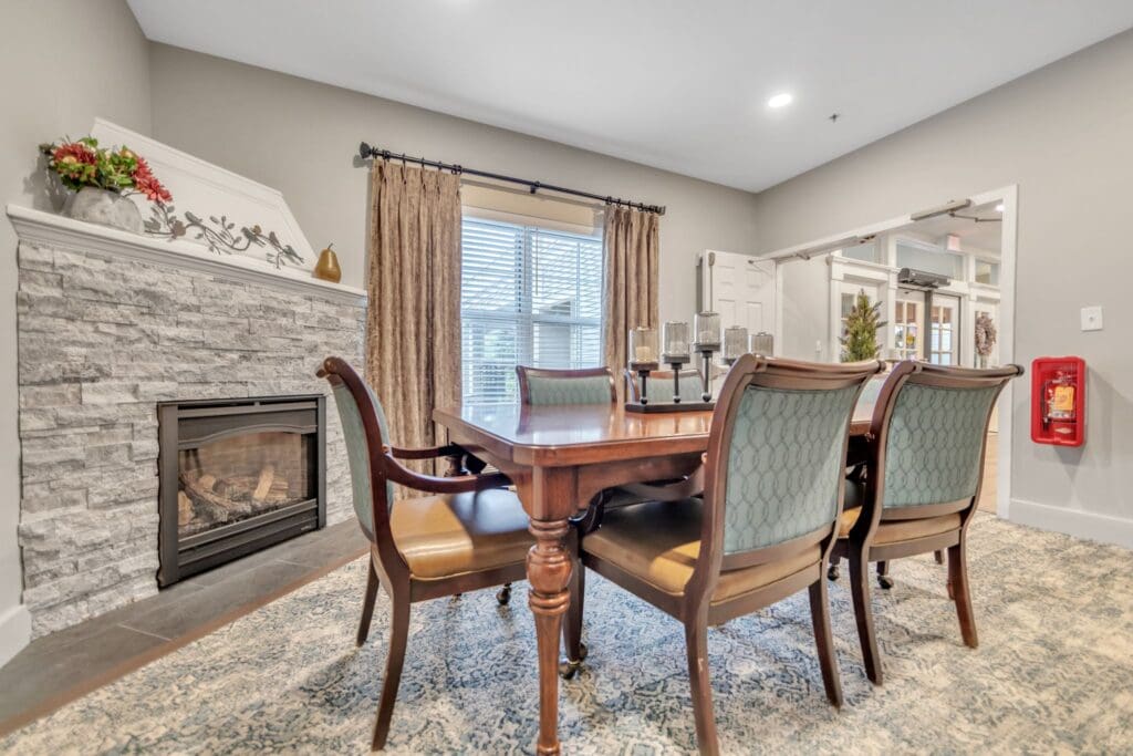Interior view of a common area with a dining table