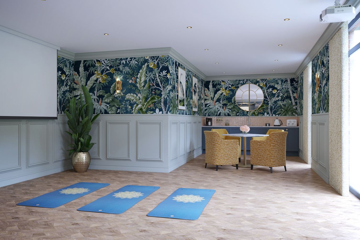A bright interior room with yoga mats and decorative wallpaper