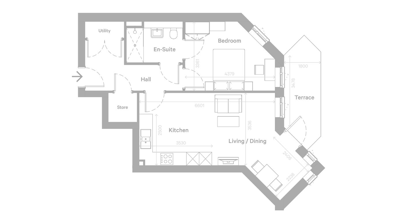 Architectural floor plan of a resident unit
