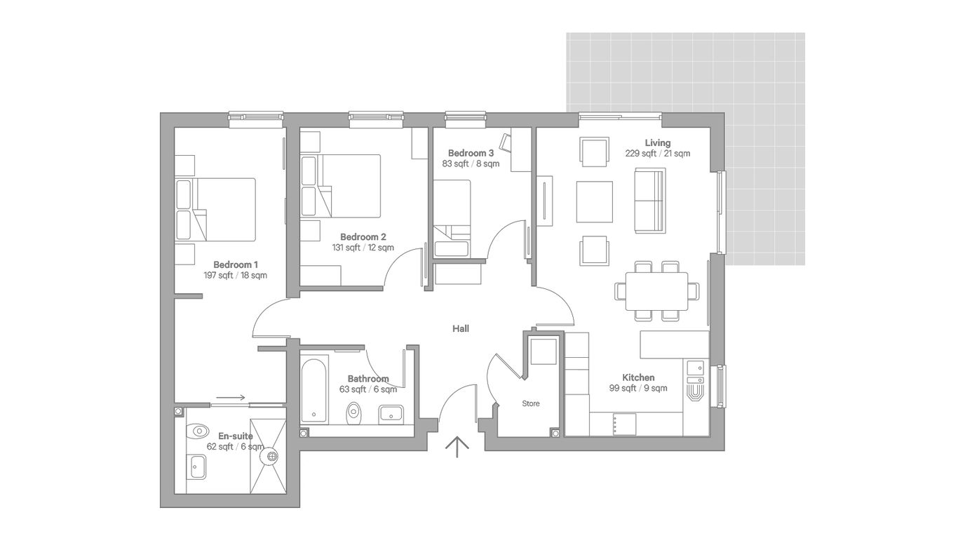 Architectural floor plan of an apartment layout