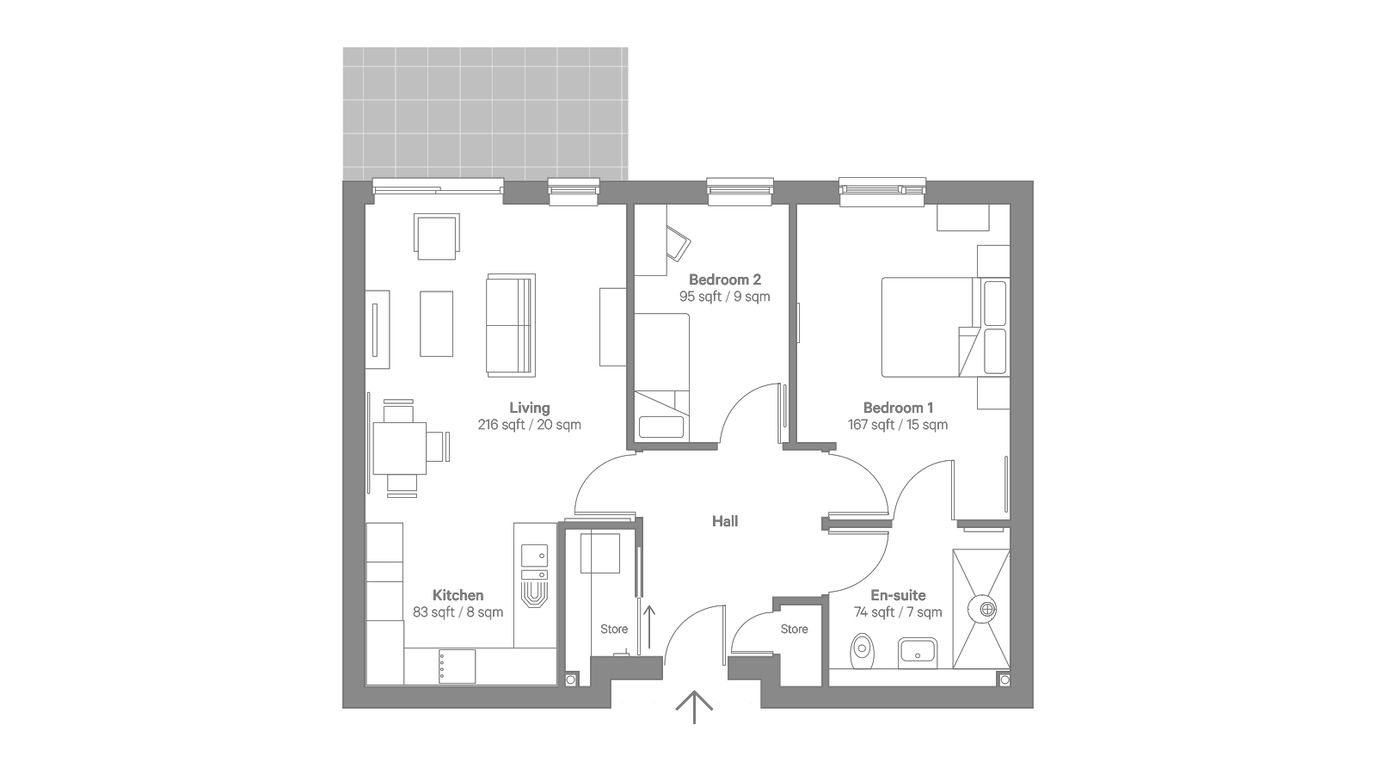 Architectural floor plan of resident living space