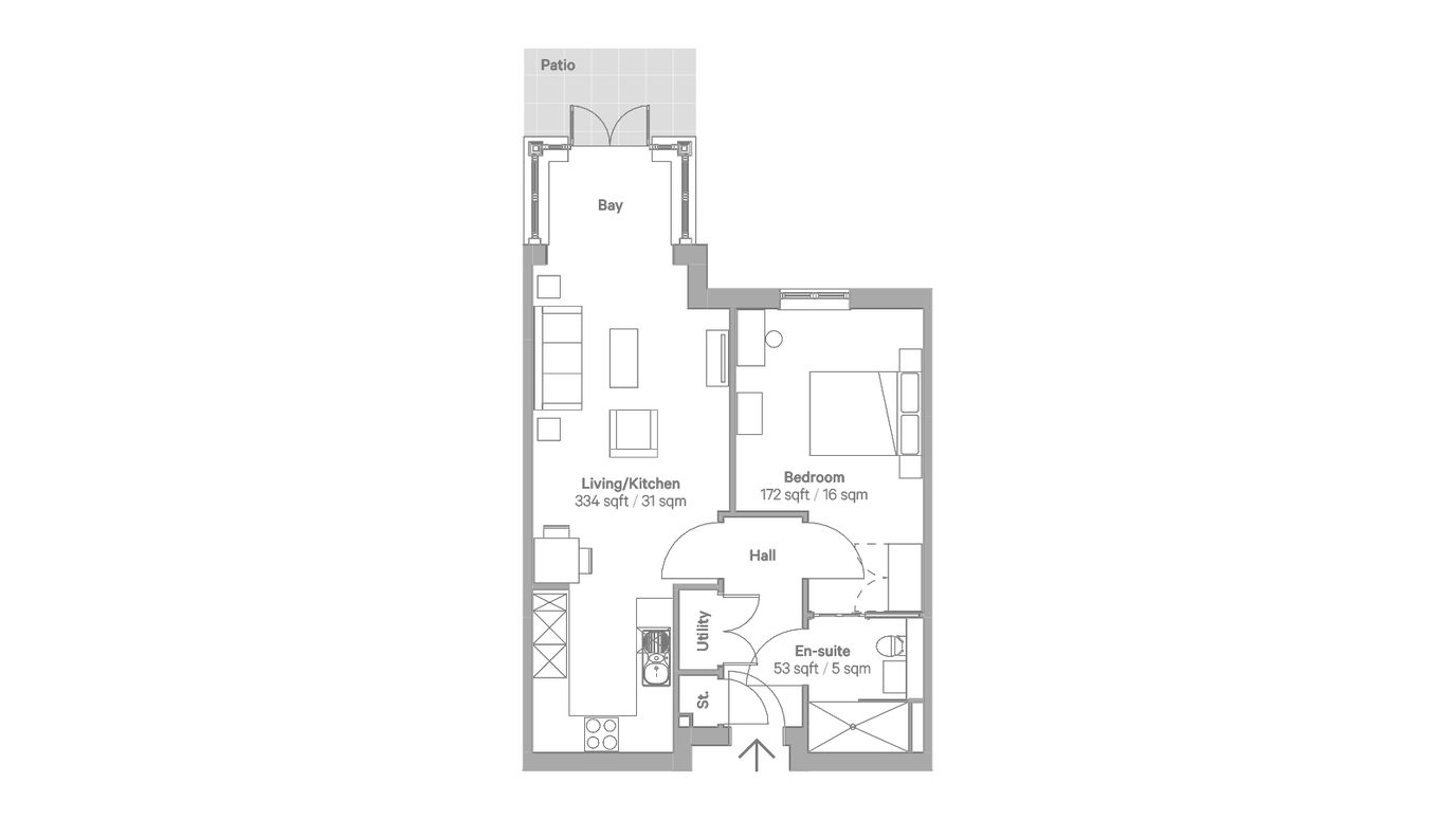 Architectural floor plan of a living unit with patio
