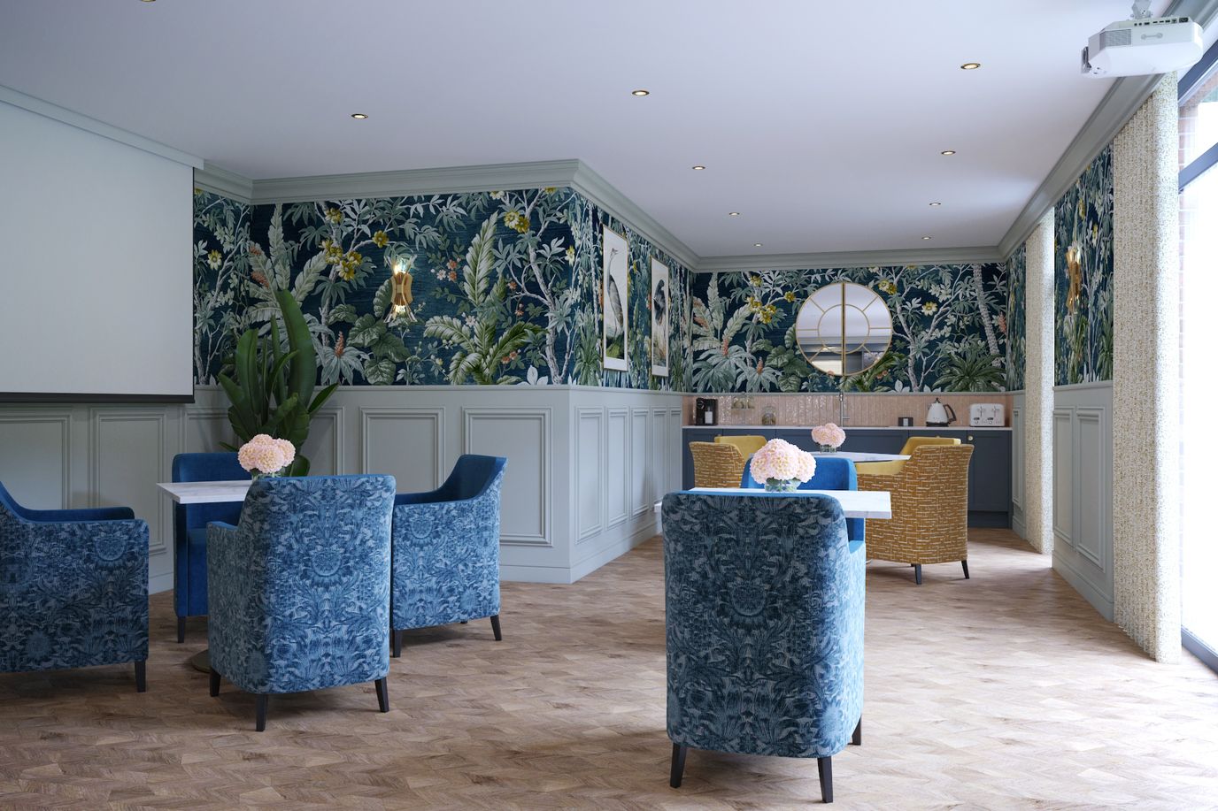 Bright common area with patterned wallpaper and seating