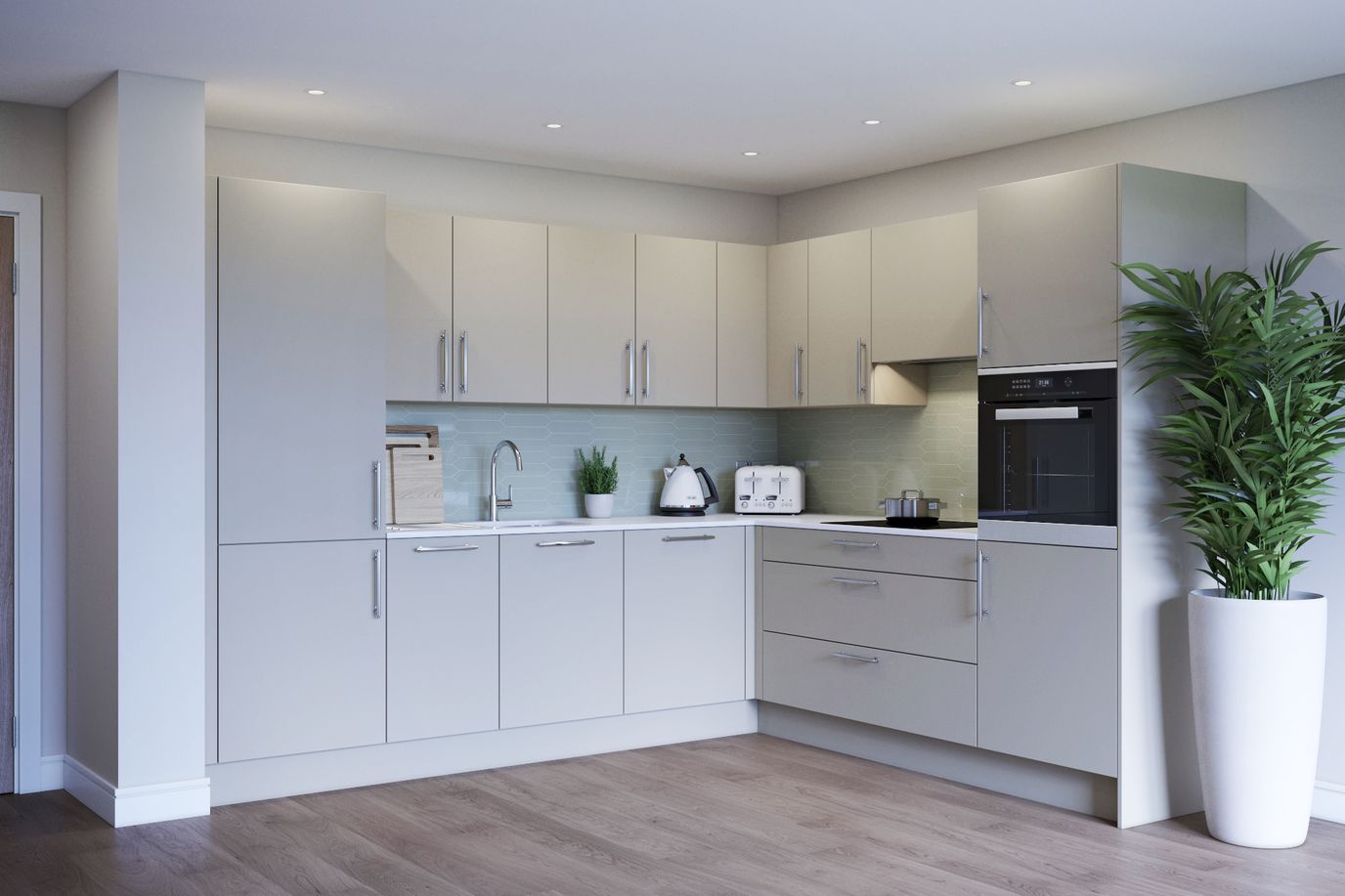 Modern kitchen interior with light cabinets and plants