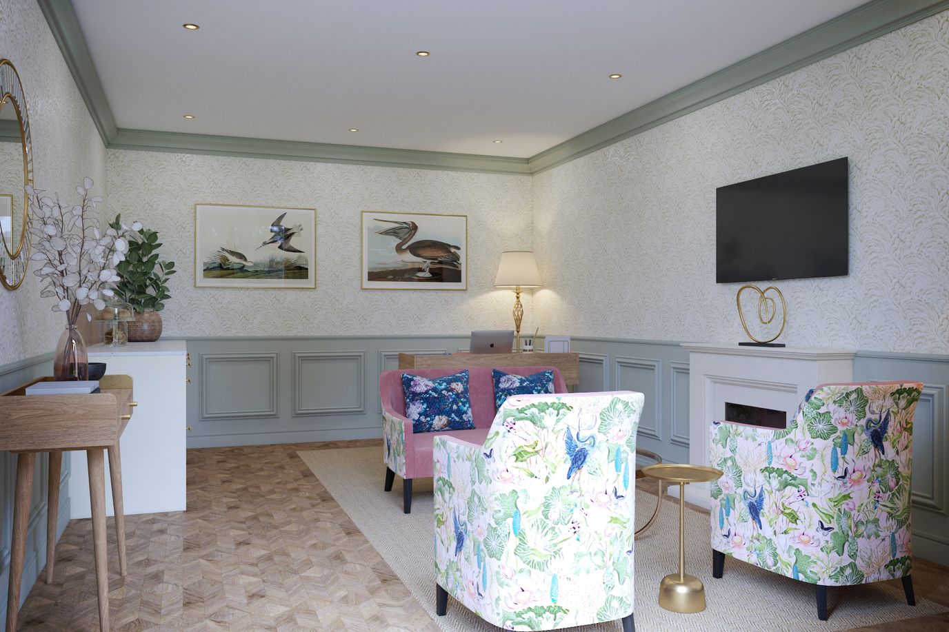 Brightly decorated common area with floral chairs