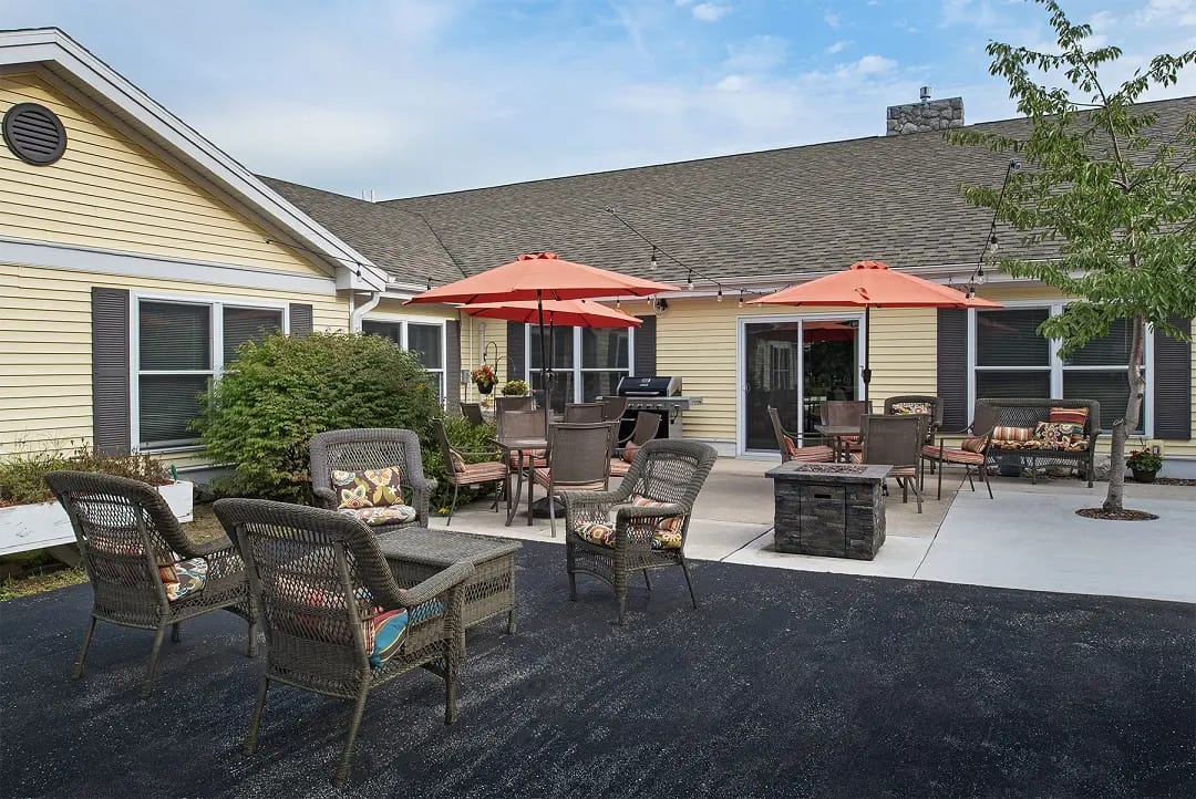Outdoor seating area with umbrellas and chairs