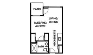 Architectural floor plan of a living unit with patio