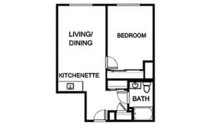 Architectural floor plan of a one-bedroom unit