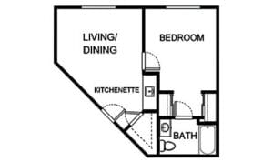 Architectural floor plan of a one-bedroom apartment