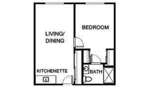 Architectural floor plan of a one-bedroom unit