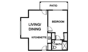 Architectural floor plan of a living space with patio