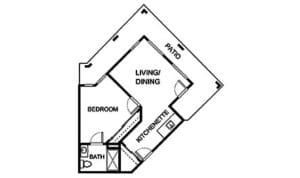Architectural floor plan of a one-bedroom unit