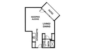 Architectural floor plan of a living unit with patio