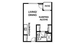 Architectural floor plan of a living/dining unit