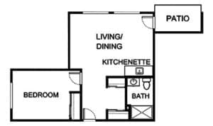 Architectural floor plan of a one-bedroom unit