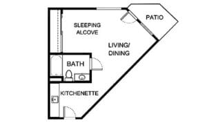 Architectural floor plan of a studio apartment layout