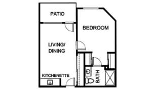Architectural floor plan of a one-bedroom unit