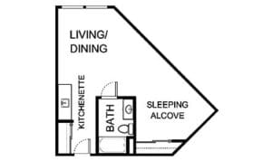 Architectural floor plan of a studio apartment layout