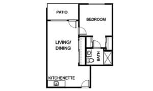 Architectural floor plan of a one-bedroom unit