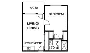 Architectural floor plan of a one-bedroom apartment