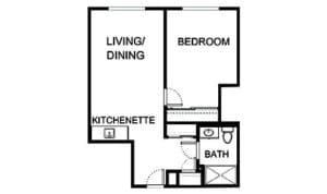 Architectural floor plan of a one-bedroom unit