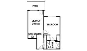 Architectural floor plan of a resident unit with patio