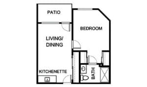 Architectural floor plan of a one-bedroom unit