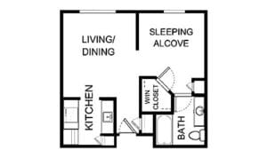Architectural floor plan of a one-bedroom unit