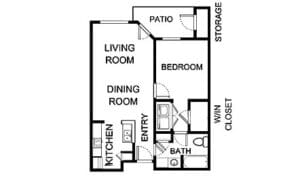 Architectural floor plan of a one-bedroom unit