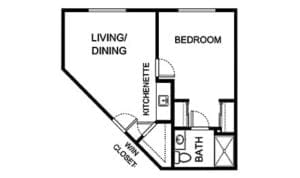 Floor plan of a living space with kitchenette and bathroom