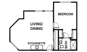 Floor plan of a one-bedroom unit