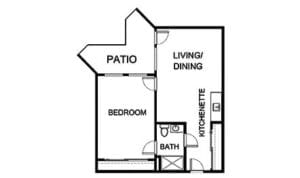 Architectural floor plan of a one-bedroom apartment
