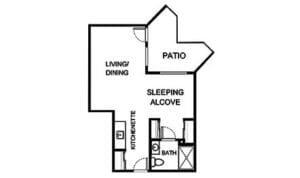 Architectural floor plan of a resident unit with patio