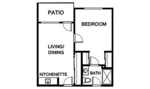 Architectural floor plan of a one-bedroom unit