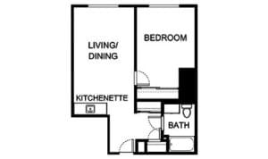 Architectural floor plan of a one-bedroom unit