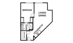 Architectural floor plan of a one-bedroom unit