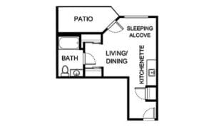 Architectural floor plan of a unit layout with patio