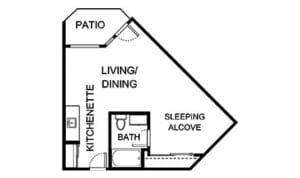 Architectural floor plan of a studio unit